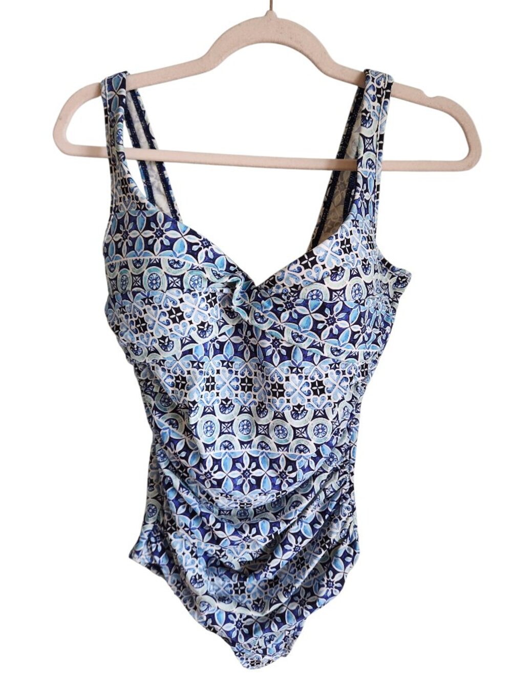 Talbots One Piece Swimsuit 14 Blue White Bathing Suit NWOT Geometric Beach
